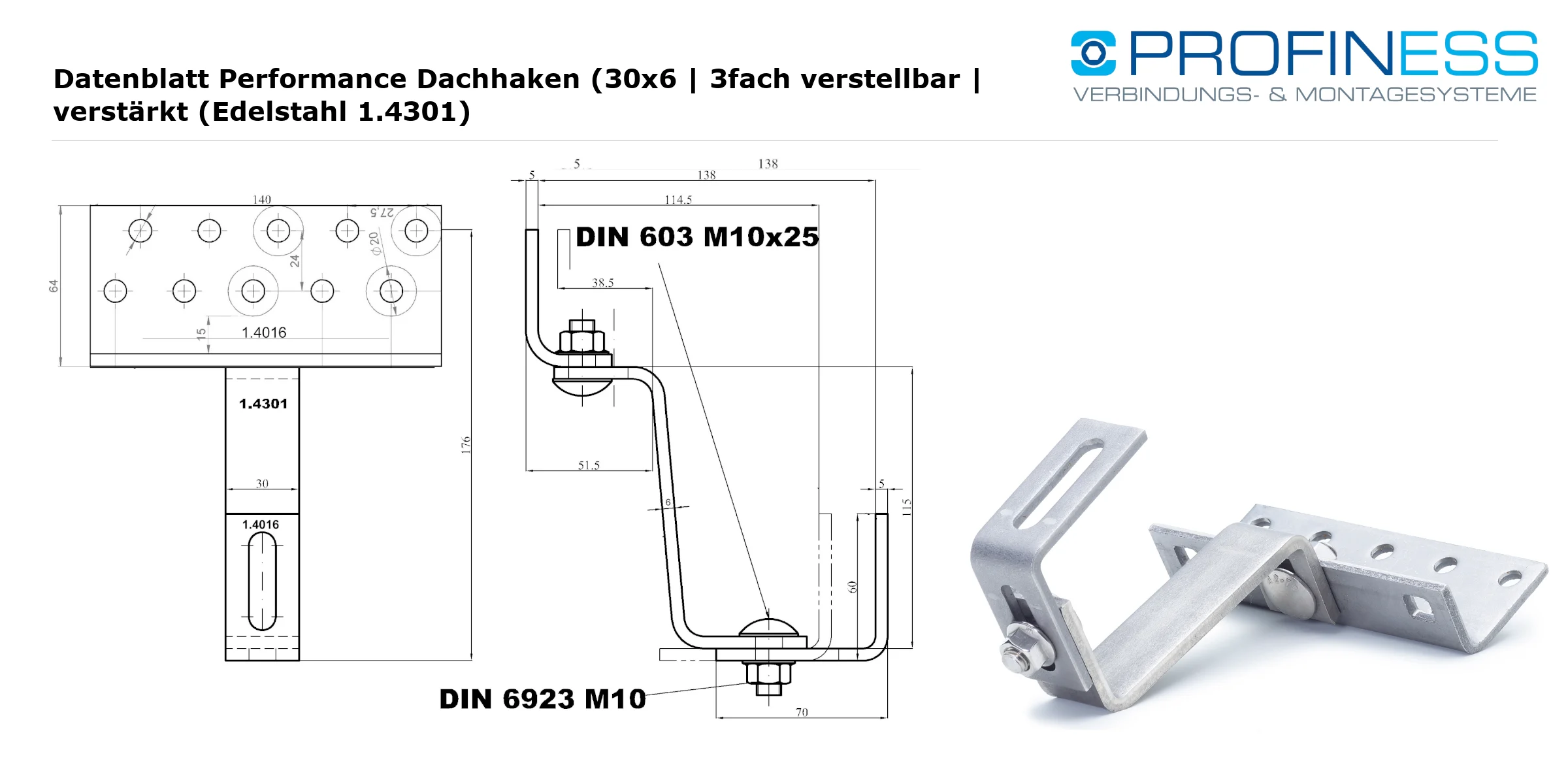 Performance Dachhaken (30x6 | 3fach verstellbar | verstärkt (Edelstahl 1.4301) – Bild 3